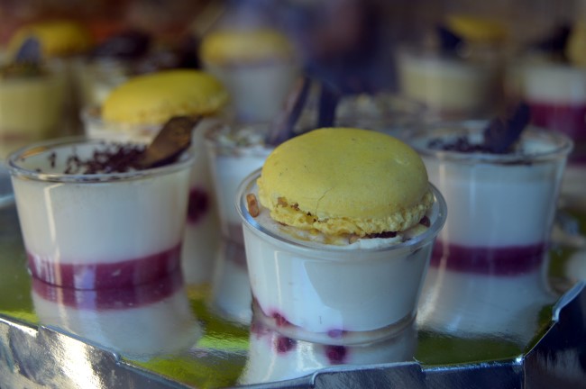 Verrines (layered yogurt, fruits, topped with a macaron)