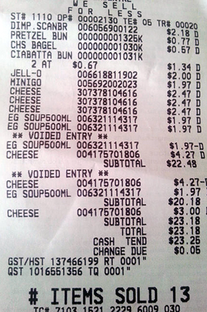 A recent grocery receipt