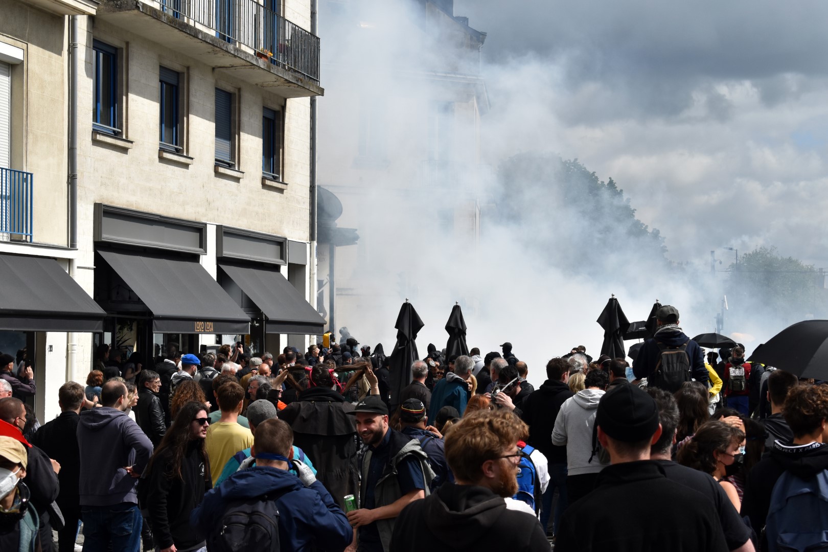 First tear gas, May 1 protest, Nantes