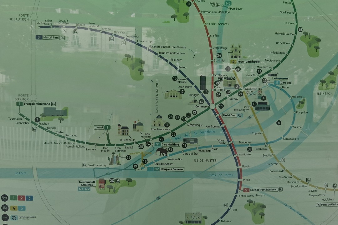 Tramway map in Nantes, October 2025