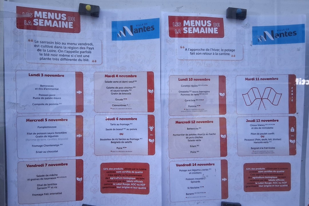 Weekly cantine menu at my former kindergarten, Nantes, November 2025