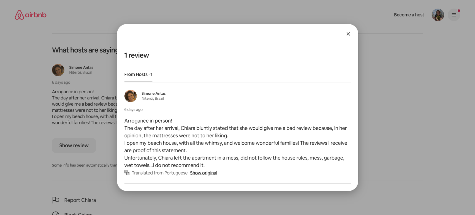 Review left to another Airbnb guest by the Cabo Frio apartment owner