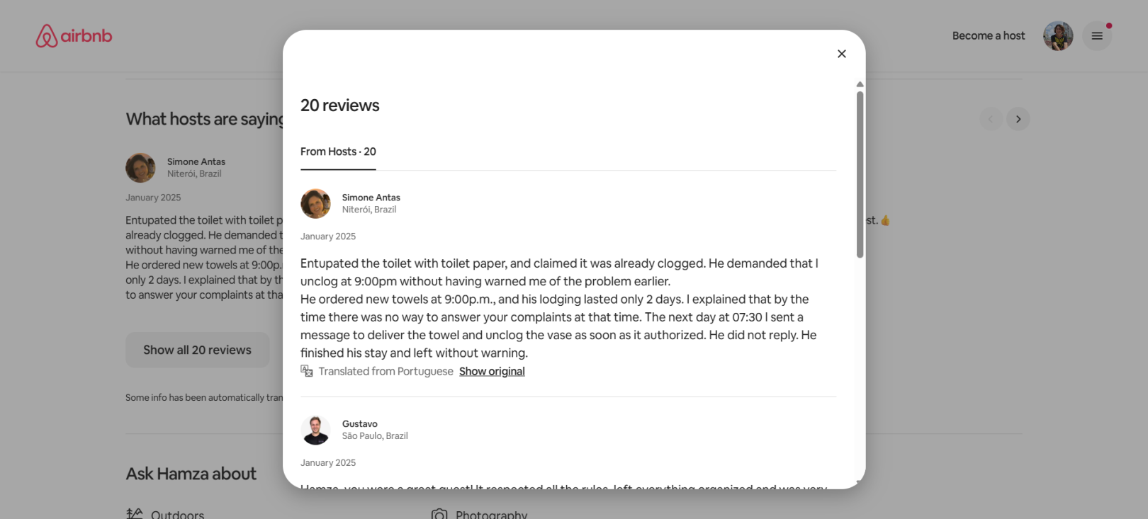 Review left to another Airbnb guest by the Cabo Frio apartment owner