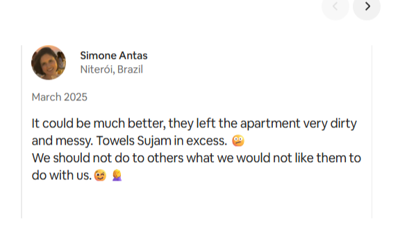 Review left to another Airbnb guest by the Cabo Frio apartment owner