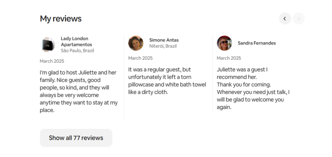My Cabo Frio review left by the host, March 2025