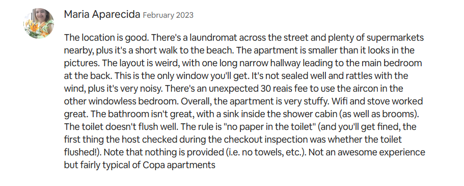 Review I left on our 2023 Rio de Janeiro airbnb