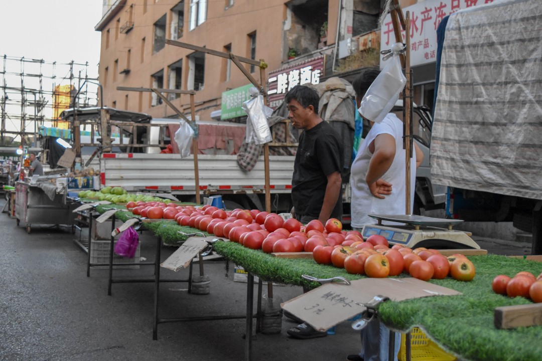 Daytime market on 南二经街 (Nán’èr Jīng Jiē), Shenhe District, Shenyang, Liaoning, China.