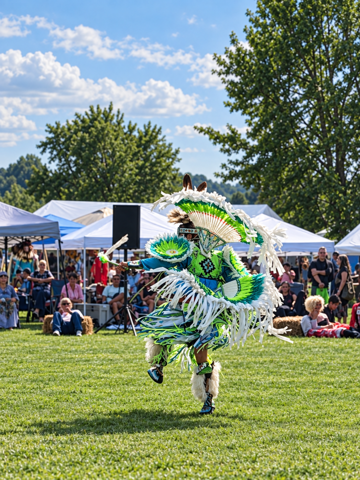 Dancers performing as other participants in regalia watch from the sidelines — Akwesasne International Powwow, Sept. 13, 2026, Lamoureux Park, Cornwall, Ontario, Canada
