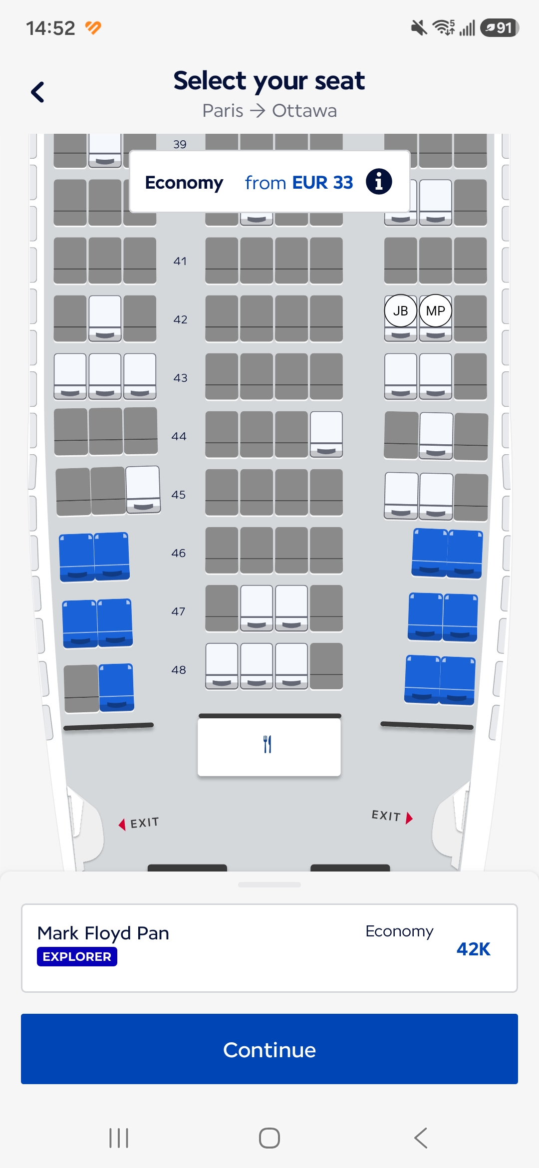 AF328, Paris–Ottawa, 29 August 2026. The two seats Air France assigned us: 42J and 42K.