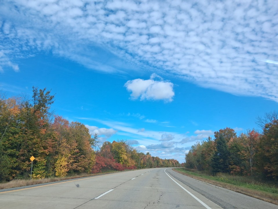 Fall colours along Highway 417 on the way to Montreal — Oct. 3, 2026, Ontario, Canada