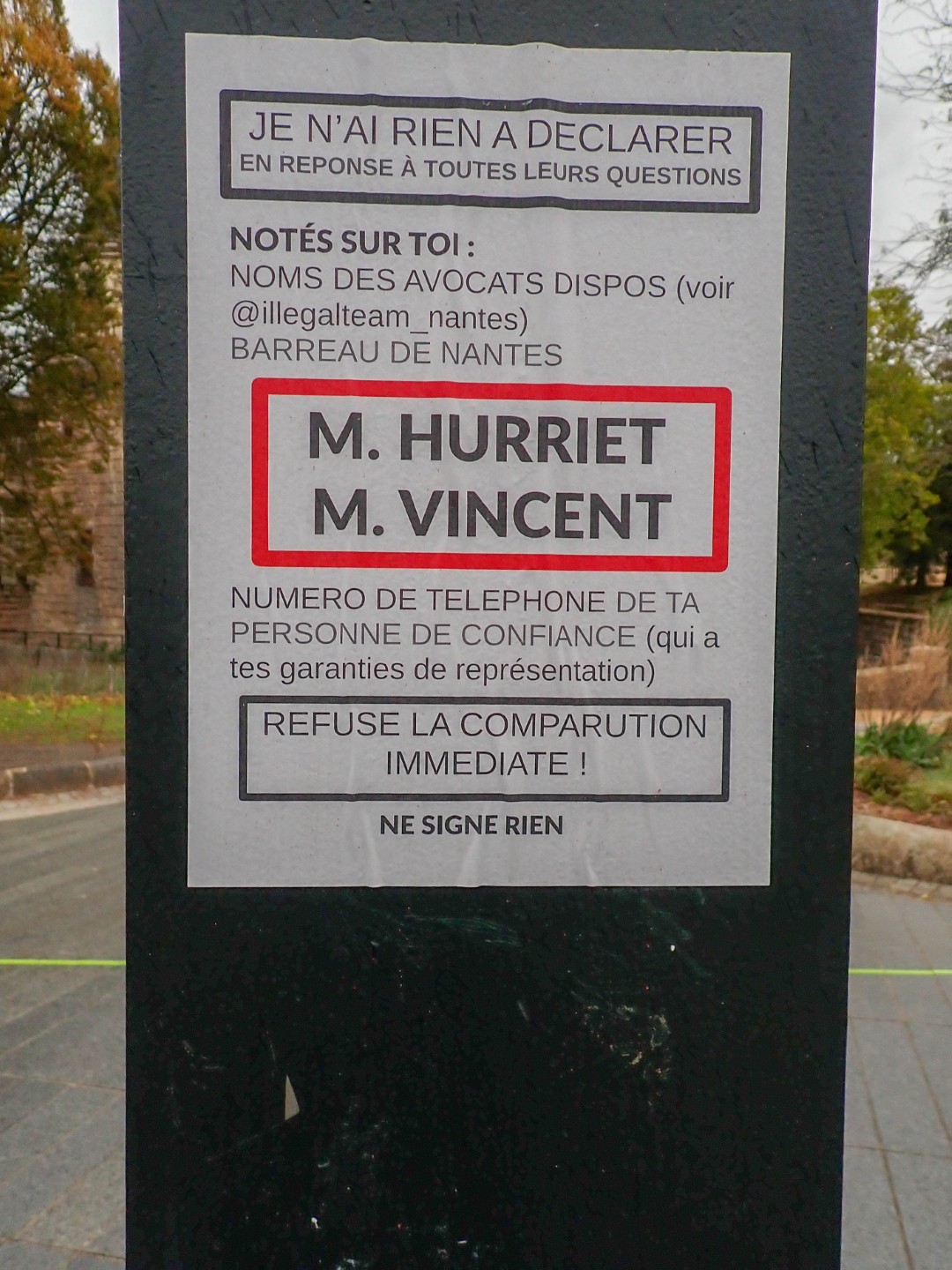 A poster listing legal support contacts and advice for protesters facing arrest — Oct. 24, 2026, Nantes, Pays de la Loire, France