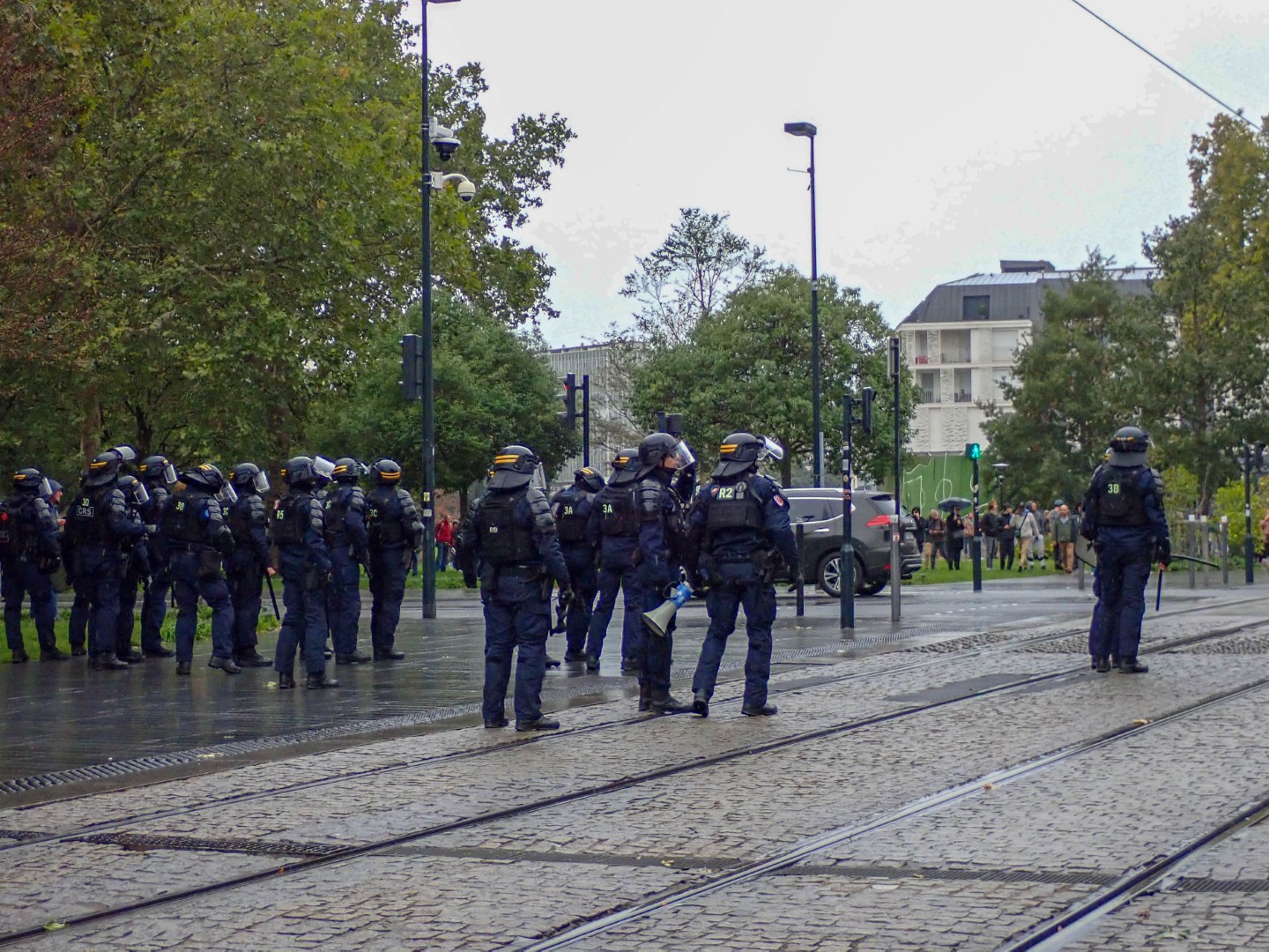 Riot police during the protest — Oct. 24, 2026, Nantes, Pays de la Loire, France