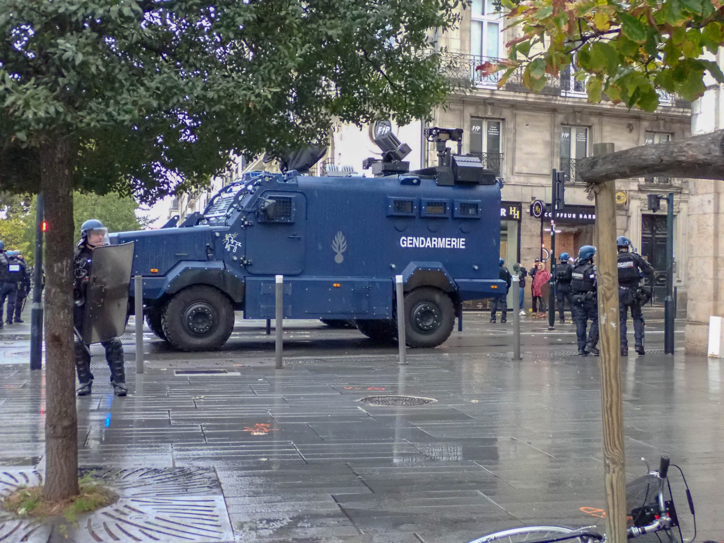 An armoured gendarmerie vehicle and officers with riot shields — Oct. 24, 2026, Nantes, Pays de la Loire, France