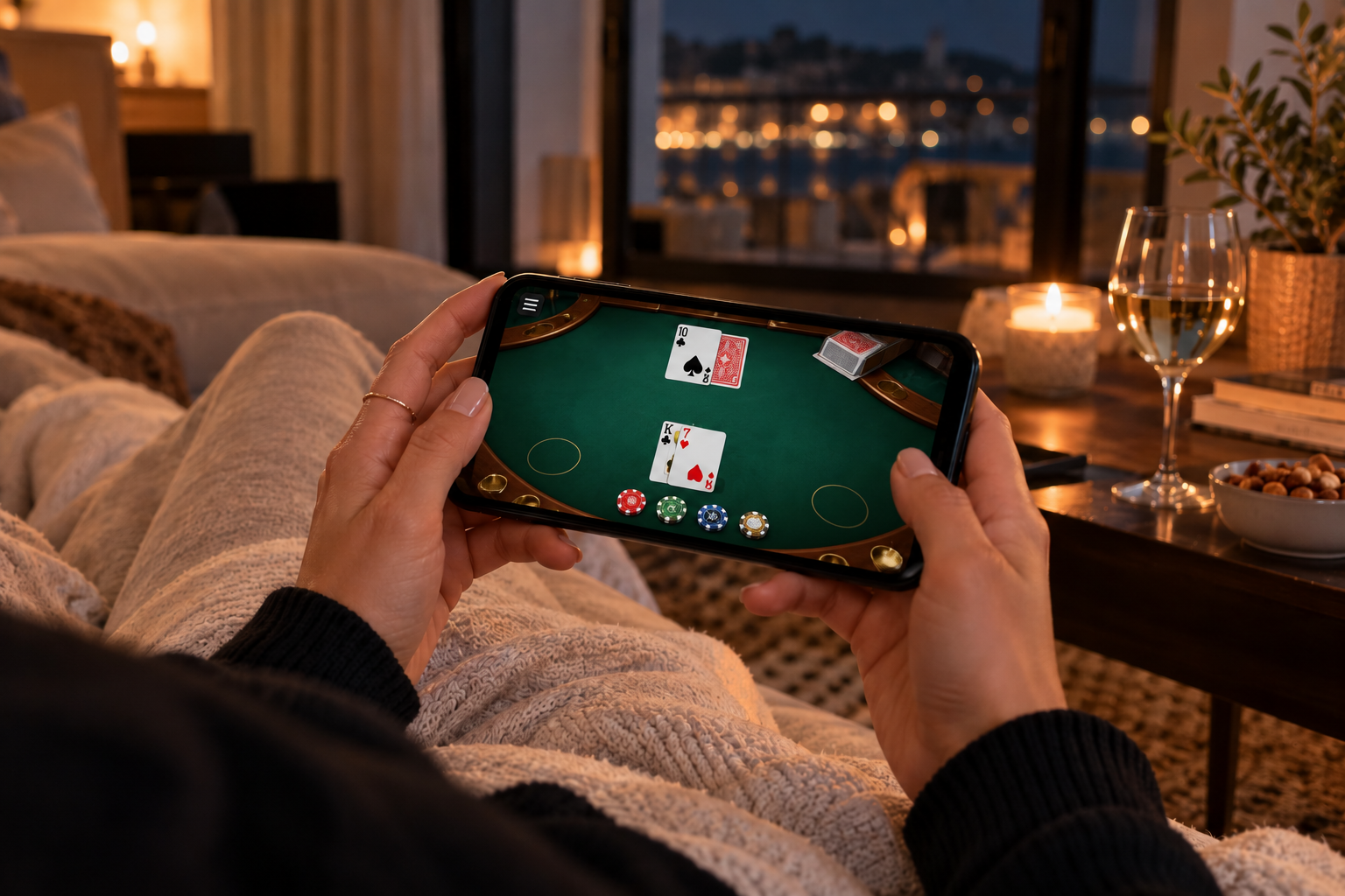 Alt text: Person relaxing on a sofa while playing virtual blackjack on a smartphone. Created with AI